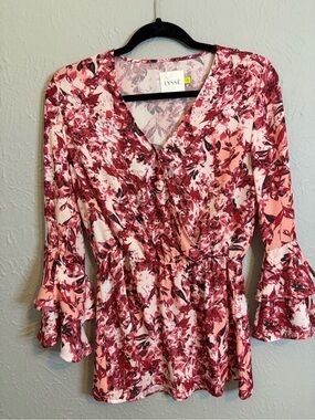 Lysse Pink and Burgundy Floral V-Neck Blouse